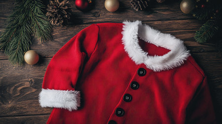 A charming red Santa suit featuring soft white fur trim, perfectly displayed on a rustic wooden surface, surrounded by festive decorations for a holiday touch.の素材