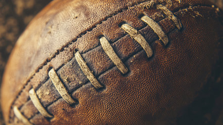 This close-up image captures a vintage leather football showcasing its wear and tear, emphasizing the rich history and passion of the sport. Ideal for sports-themed projects.の素材