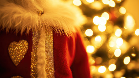 A charming Christmas scene highlighting the details of a Santa costume adorned with glitter and a warm, festive background featuring a softly lit Christmas tree.の素材