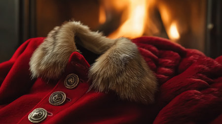 A stylish red coat with a luxurious fur collar rests near a glowing fireplace, exuding warmth and comfort, perfect for winter evenings spent indoors with family and friends.の素材