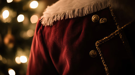 A captivating close-up of a Santa Claus costume featuring rich red velvet and fluffy white fur, set against a softly glowing Christmas tree, evoking holiday warmth.の素材