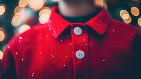 A vibrant close-up of a red shirt adorned with buttons and delicate snowflakes, set against a blurred Christmas backdrop filled with warm bokeh lights.の素材