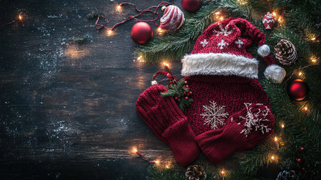 This flat lay showcases a cozy Christmas scene with a knitted hat, mittens, and festive ornaments arranged on a dark wooden background, perfect for holiday themes.の素材