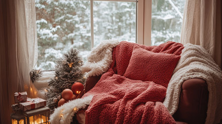 A warm and inviting winter living room scene featuring a plush couch and soft blankets, beautifully adorned for the holiday season with a view of a snowy landscape.の素材