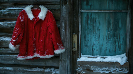 A charming red winter coat with a fluffy white collar hangs against a rustic wooden wall. The frosty window and snow enhance the cozy, festive atmosphere of the winter scene.の素材