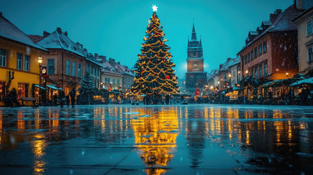 A captivating winter evening scene featuring a beautifully lit Christmas tree, a historic clock tower, and festive decorations, creating a magical holiday atmosphere.の素材