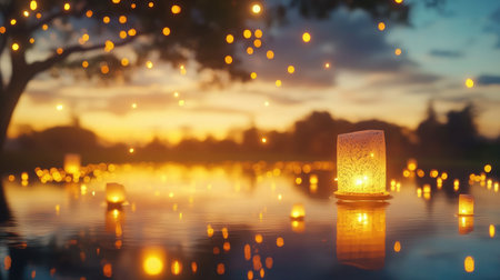 A mesmerizing evening scene featuring glowing lanterns floating on water, casting reflections under a beautiful sunset sky, creating a peaceful and serene atmosphere.の素材