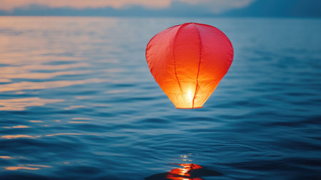 A glowing red lantern floats serenely on calm waters at dusk, illuminating the surroundings and casting warm reflections against a vibrant sky, creating a tranquil atmosphere.の素材