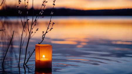 A tranquil scene with a floating candle illuminating a lake at sunset. The gentle reflections create an atmosphere of peace and relaxation amidst nature's beauty.の素材