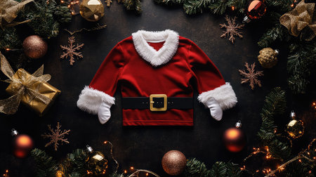 This delightful festive Santa outfit for children is beautifully arranged with sparkling ornaments and warm holiday lights, perfect for celebrating Christmas joyfully.の素材
