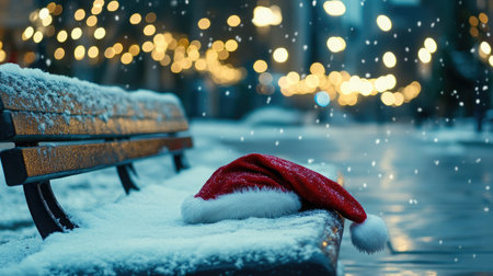 A picturesque winter scene featuring a snow-covered bench adorned with a festive red Christmas hat, illuminated by twinkling lights, creating a serene holiday ambiance.の素材