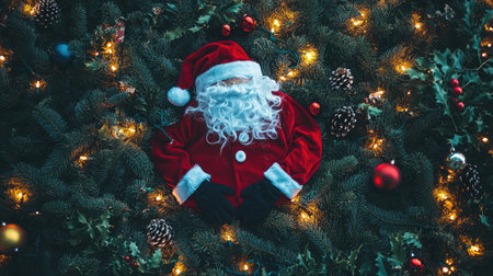 Delightful Christmas arrangement featuring a Santa Claus costume nestled among pine branches, colorful ornaments, and glowing holiday lights, perfect for seasonal celebrations.の素材