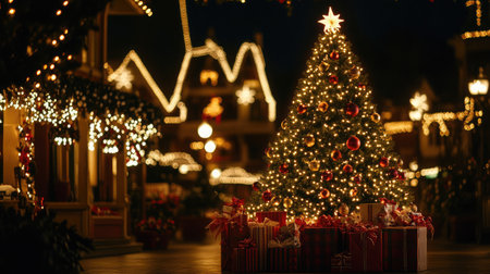 A beautifully decorated Christmas tree with twinkling lights and vibrant ornaments, surrounded by wrapped gift boxes in a warm, inviting nighttime holiday scene.の素材