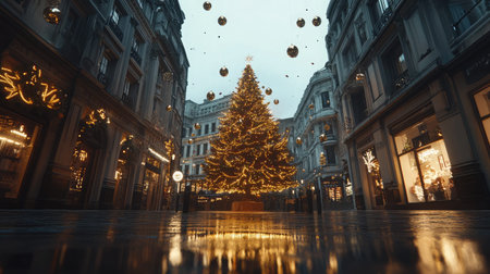 A stunning scene of a bustling city street during winter featuring a bright Christmas tree. The festive decorations create a magical holiday atmosphere that delights all.の素材