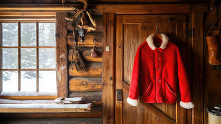 This image captures a warm and inviting cabin interior during winter, showcasing a red coat hanging next to a window overlooking a snowy landscape. Perfect for seasonal themes.の素材