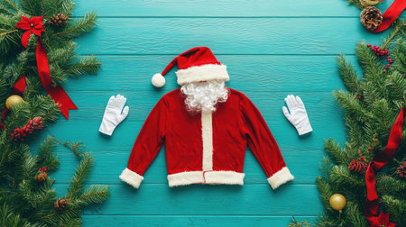 Charming Santa Claus costume laid out on a vibrant teal background surrounded by festive greenery, ideal for capturing the holiday spirit and creative seasonal themes.の素材