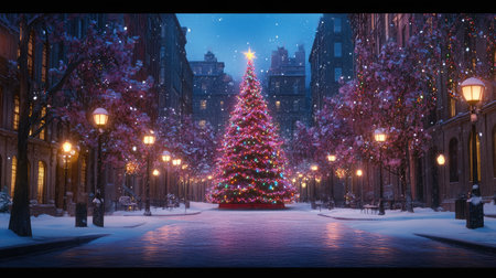 A captivating winter scene showcases a beautifully lit Christmas tree in a snowy street, surrounded by charming buildings and glowing street lamps, perfect for holiday celebrations.の素材