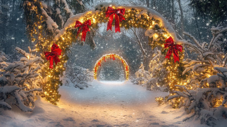 A magical winter scene featuring beautifully lit floral arches adorned with red bows, creating a serene pathway through snow-covered trees, perfect for holiday inspiration.の素材
