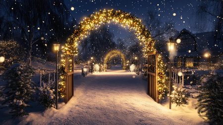 Experience the enchanting beauty of a winter wonderland with a snow-covered pathway illuminated by stunning lights, creating a cozy and festive holiday atmosphere.の素材