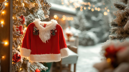 A vibrant red Christmas sweater with white fur trim hangs gracefully near a beautifully decorated tree, surrounded by a snowy winter scene filled with soft lighting.の素材