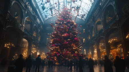 A breathtaking indoor scene featuring a towering Christmas tree adorned with vibrant decorations and surrounded by festive lights, bringing warmth and joy to the holiday season.の素材