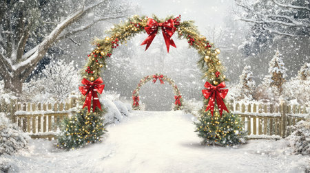 A mesmerizing winter scene featuring a snow-covered pathway decorated with beautiful Christmas arches, adorned with red bows and sparkling lights, creating a magical atmosphere.の素材