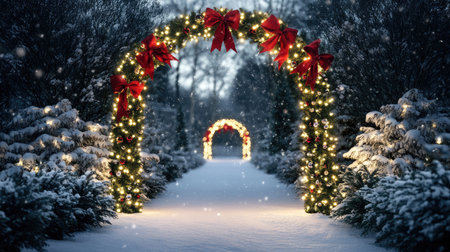 A stunning winter pathway adorned with illuminated archways and vibrant bows, surrounded by snow-covered trees, creating a magical scene perfect for holiday inspiration.の素材