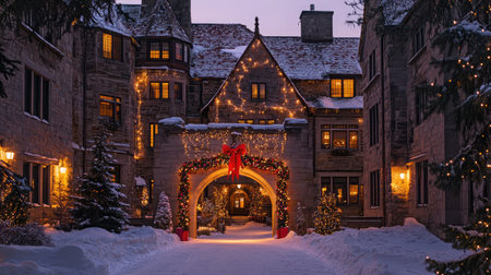 A picturesque winter scene showcasing a beautifully decorated historic building adorned with holiday lights and a festive entrance set in a serene snowy landscape at dusk.の素材
