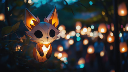 A charming fox lantern adds a playful touch to a night scene, surrounded by glowing lights and an atmosphere of celebration, evoking a sense of wonder and joy.の素材