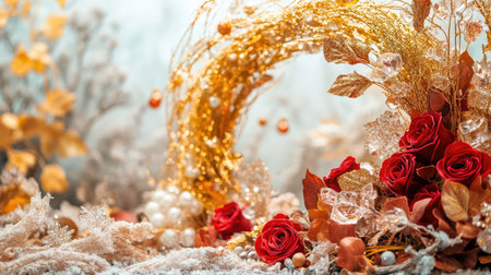 A stunning floral arrangement featuring red roses and golden accents, perfect for seasonal celebrations. This composition evokes warmth and elegance ideal for dの素材