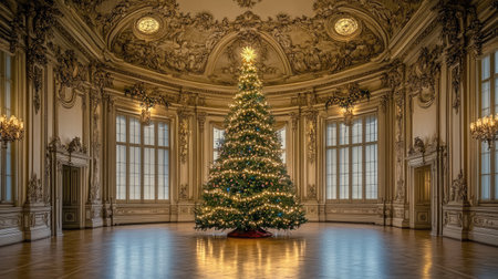 A stunning Christmas tree illuminated with warm lights stands tall in a grand palace interior, showcasing elegant architecture, perfect for seasonal celebrations and holiday decor.の素材