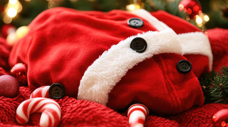 A vibrant red Christmas Santa outfit is set on a soft fur carpet, accented by candy canes and festive ornaments, perfect for evoking holiday cheer and warmth.の素材