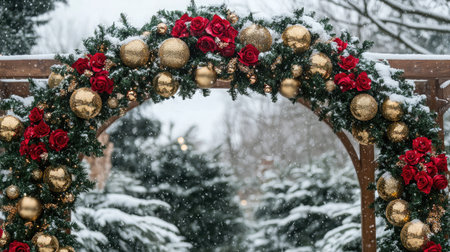 A stunning archway adorned with vibrant red roses and shimmering golden ornaments, creating an enchanting winter scene perfect for holiday celebrations.の素材