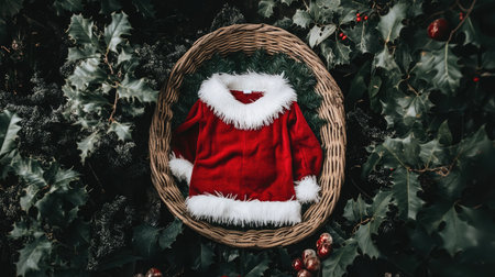 A charming red Christmas sweater with fur accents artfully arranged in a basket among lush green leaves, creating a festive holiday vibe suitable for various seasonal themes.の素材