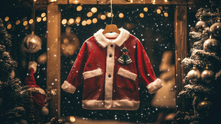 A delightful red Santa jacket surrounded by sparkling lights and decorations, creating a charming holiday atmosphere perfect for joyful winter celebrations.の素材