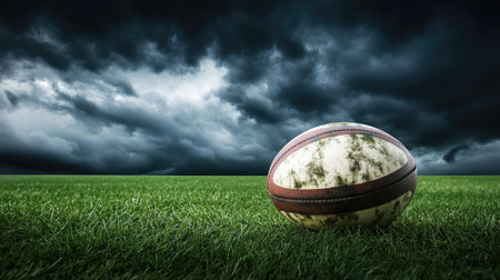A close-up view of a worn rugby ball resting on a lush green field, with ominous dark clouds overhead, creating a dramatic backdrop and evoking a sense of anticipation.の素材