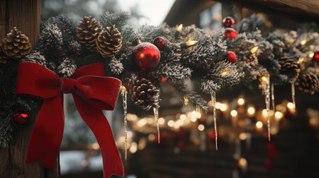 This enchanting image captures a beautifully decorated Christmas garland featuring a red bow, pinecones, and soft frosted greenery, ideal for inspiring holiday cheer.の素材