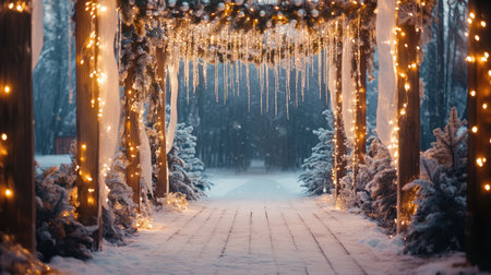 A magical winter scene showcasing a snowy pathway illuminated by sparkling lights and adorned with evergreen garlands, creating a serene forest ambiance during snowfall.の素材