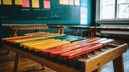 A vibrant xylophone in a music classroom emphasizes the importance of hands-on learning. Bright colors and inviting space promote creativity and engagement among students.の素材