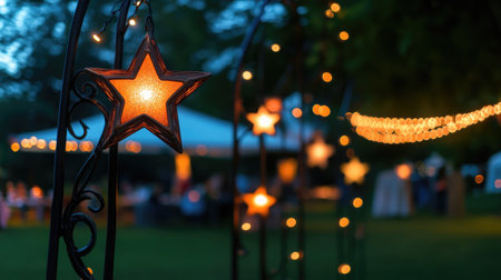 A captivating scene showcasing star-shaped lanterns and fairy lights creating a magical atmosphere for an outdoor celebration, perfect for vibrant gatherings and memorable evenings.の素材
