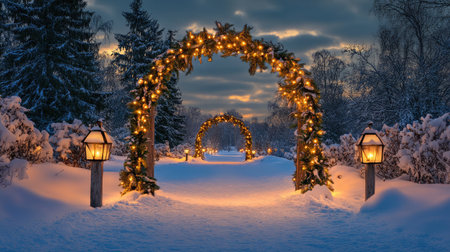 A captivating winter pathway adorned with glowing lights and surrounded by snow-covered trees, inviting a serene journey through a magical evening landscape.の素材