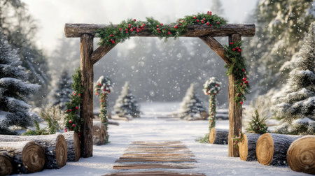 A captivating winter scene showcasing a rustic arch adorned with pine and berries, set against a snowy landscape surrounded by evergreen trees, creating a serene holiday atmosphere.の素材