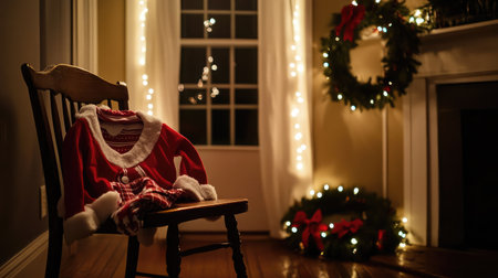 A cozy holiday scene featuring a festive red sweater draped over a rustic chair, surrounded by twinkling lights and a beautiful Christmas wreath, creating a warm atmosphere.の素材