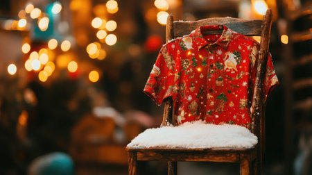 A vibrant red Christmas shirt displayed on a rustic wooden chair with snow, surrounded by twinkling lights, creating a cheerful and festive atmosphere for the holiday season.の素材