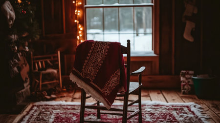 A serene winter setting with a wooden chair and a decorative blanket, softly lit by fairy lights, creating a peaceful atmosphere in a rustic cabin.の素材