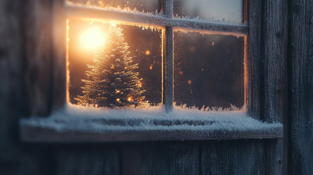 A serene winter scene showcasing a frosted window with a beautifully lit Christmas tree in the distance, capturing the essence of the holiday spirit and cozy atmosphere.の素材