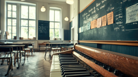 A tranquil classroom featuring an antique piano and wooden desks, illuminated by natural light from large windows, creating an inviting educational environment.の素材