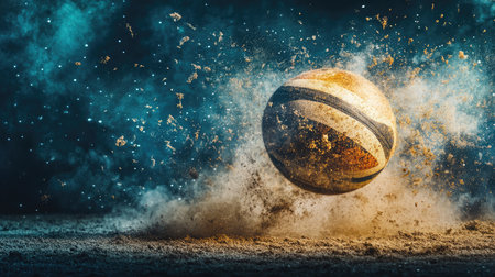 A stunning depiction of a basketball in action, enveloped in swirling smoke and dust, illustrating the thrill and intensity of sports and competition.の素材
