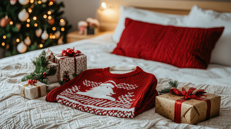 Experience a warm and inviting holiday atmosphere with a cozy bedroom featuring a red sweater, beautifully wrapped gifts, and soft lighting for a festive touch.の素材