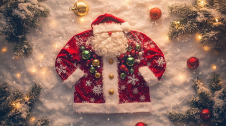 A vibrant Santa costume lies on a snowy surface, adorned with colorful ornaments and subtle lights, capturing the essence of the festive season and holiday spirit.の素材